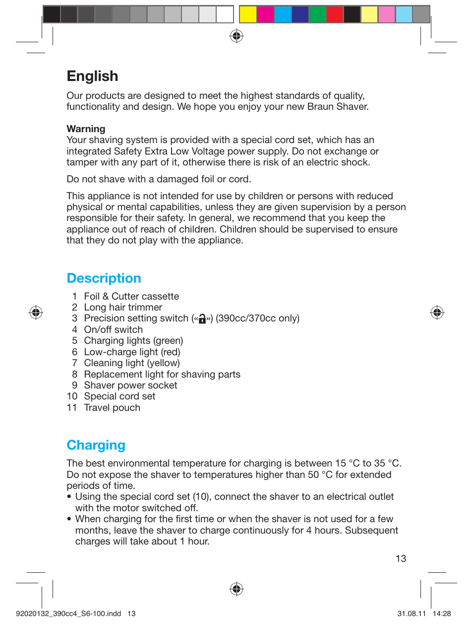 English, Description, Charging | Braun 350cc-4 Series 3  EU User Manual | Page 13 / 98
