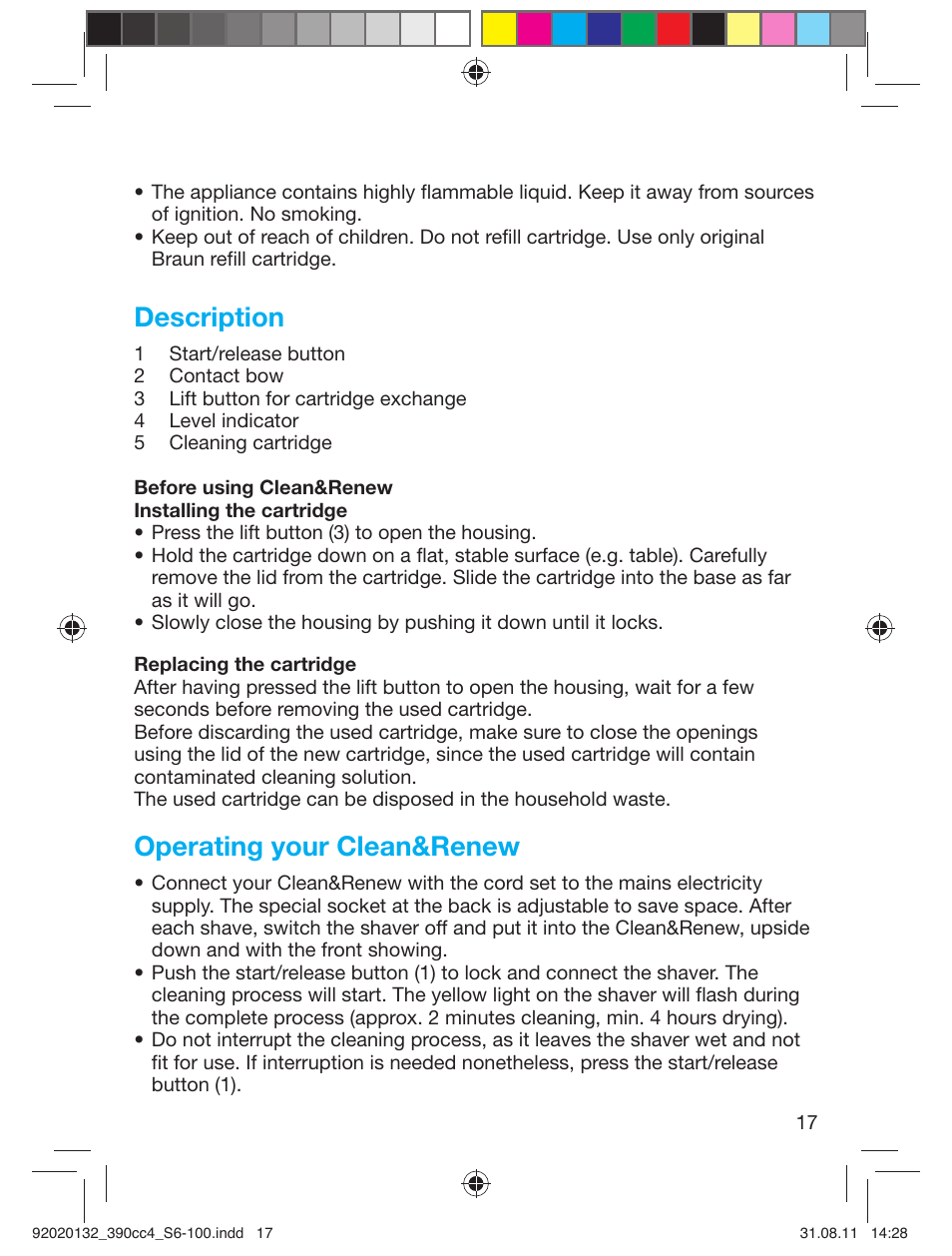 Description, Operating your clean&renew | Braun 350cc-4 Series 3  EU User Manual | Page 17 / 98