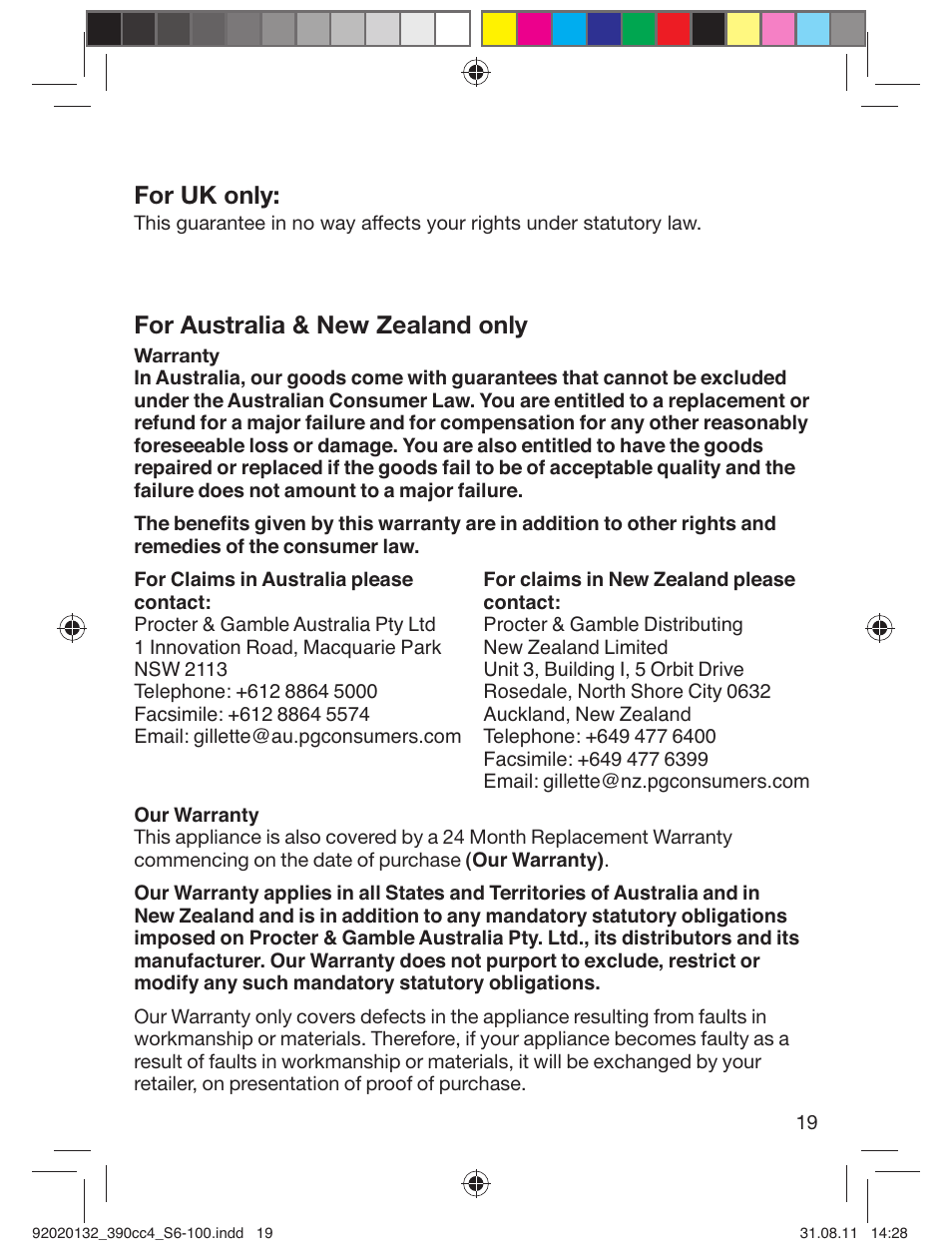 For uk only, For australia & new zealand only | Braun 350cc-4 Series 3  EU User Manual | Page 19 / 98