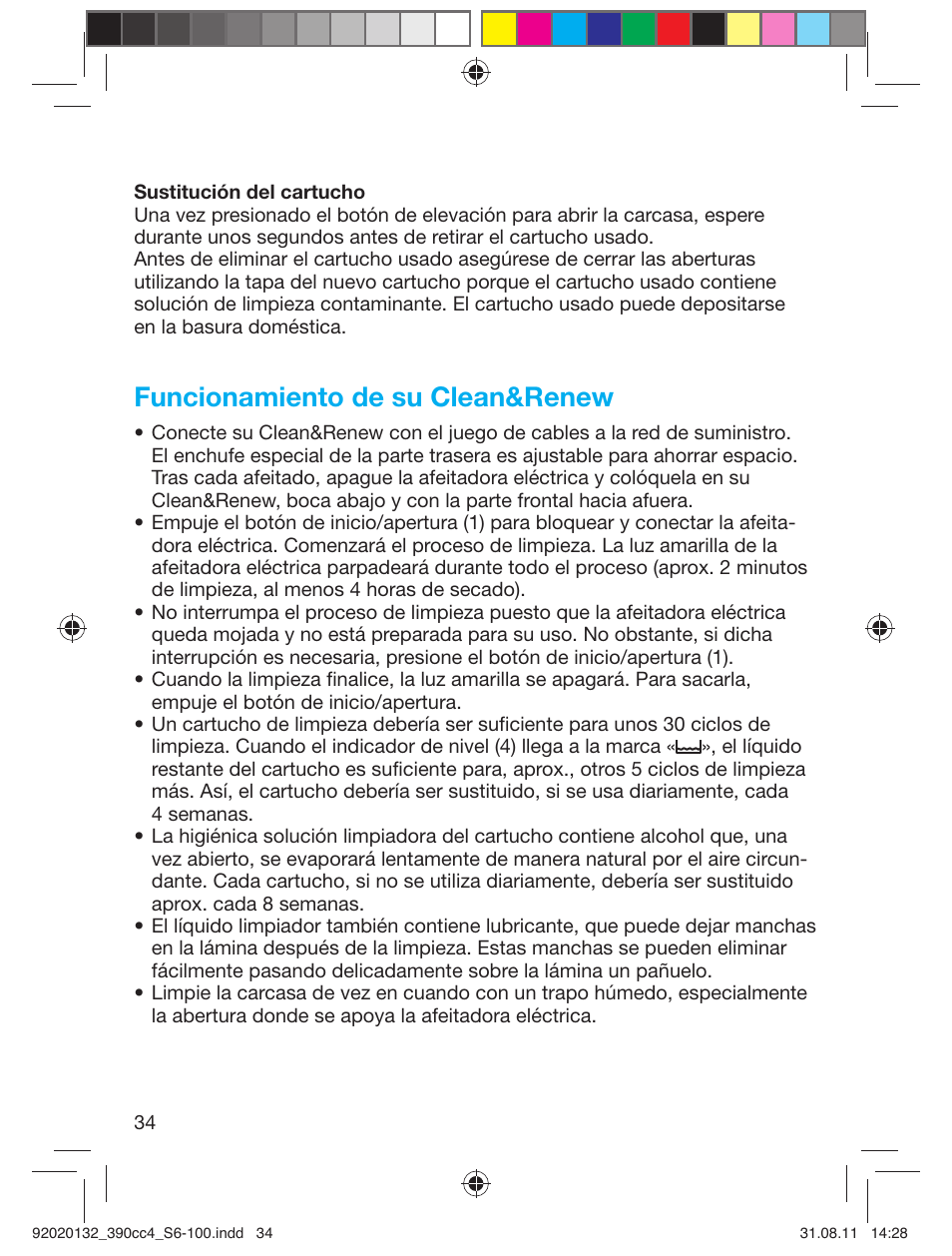 Funcionamiento de su clean&renew | Braun 350cc-4 Series 3  EU User Manual | Page 34 / 98