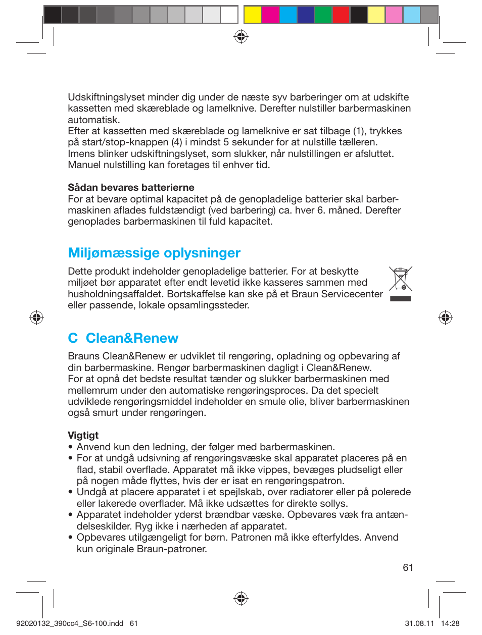 Miljømæssige oplysninger, C clean&renew | Braun 350cc-4 Series 3  EU User Manual | Page 61 / 98