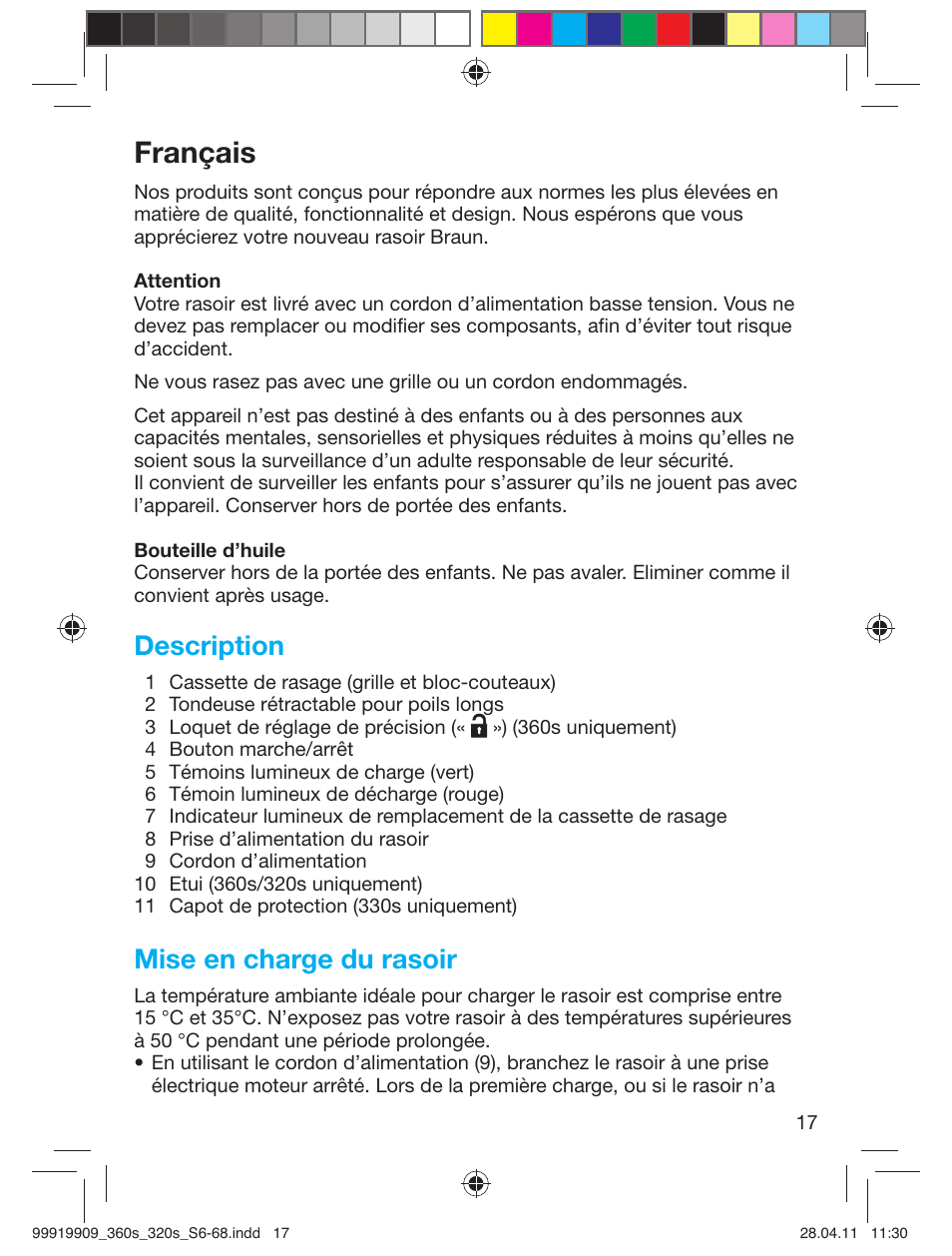Français, Description, Mise en charge du rasoir | Braun 360s-4 Series 3 User Manual | Page 16 / 65