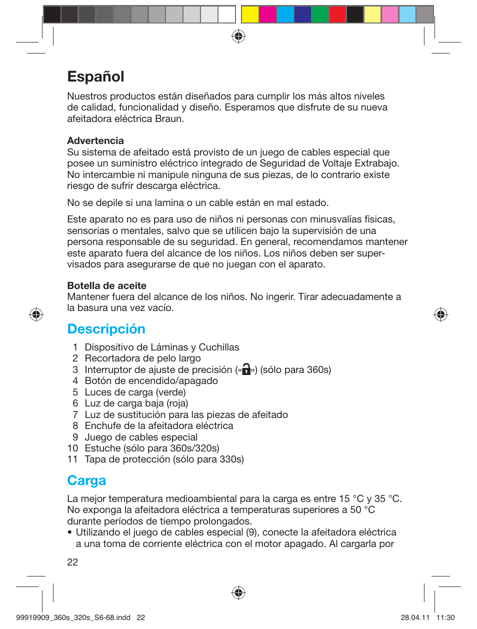 Español, Descripción, Carga | Braun 360s-4 Series 3 User Manual | Page 21 / 65