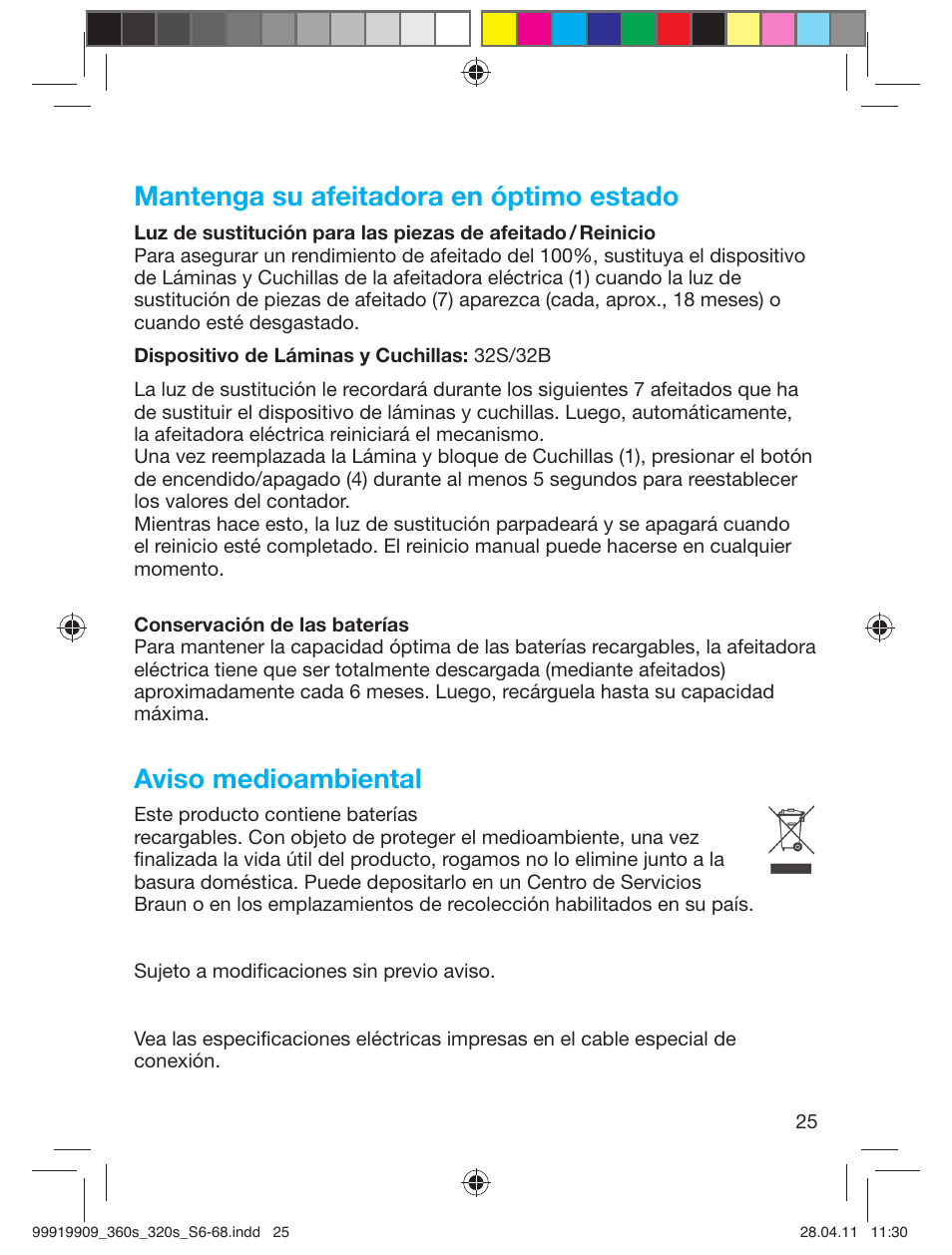Mantenga su afeitadora en óptimo estado, Aviso medioambiental | Braun 360s-4 Series 3 User Manual | Page 24 / 65