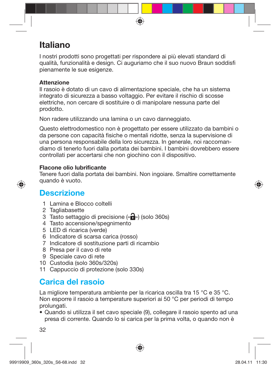 Italiano, Descrizione, Carica del rasoio | Braun 360s-4 Series 3 User Manual | Page 31 / 65