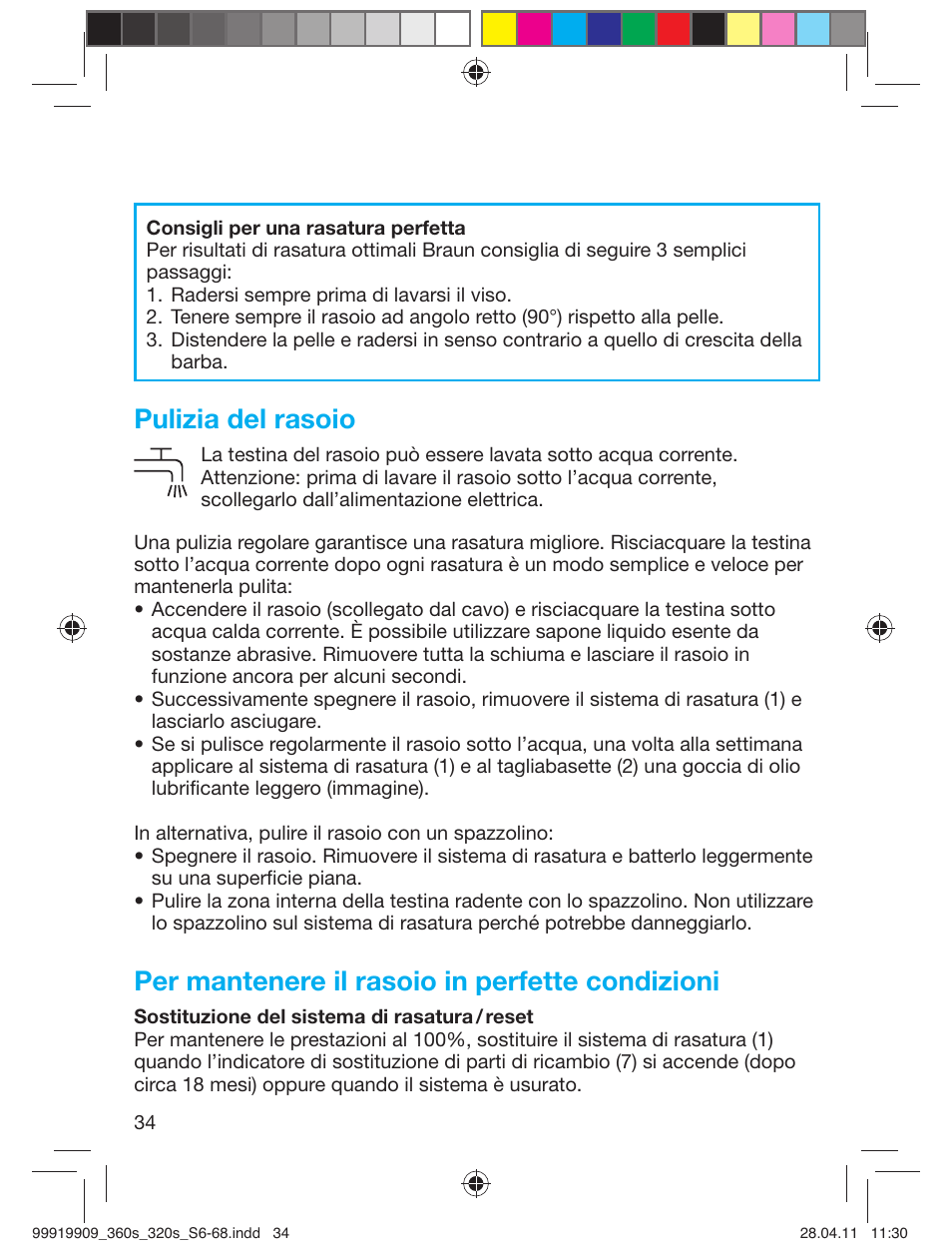 Pulizia del rasoio, Per mantenere il rasoio in perfette condizioni | Braun 360s-4 Series 3 User Manual | Page 33 / 65