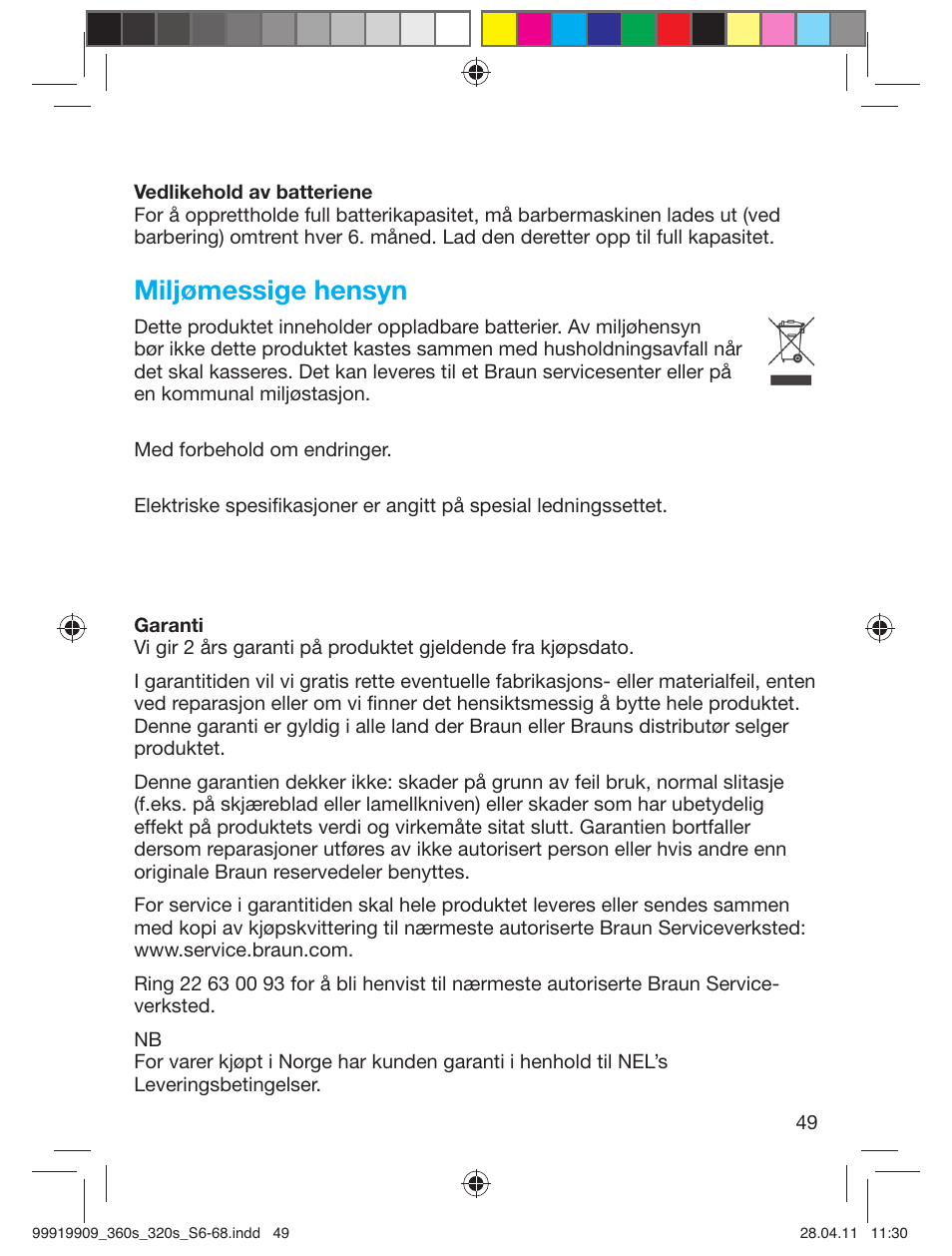 Miljømessige hensyn | Braun 360s-4 Series 3 User Manual | Page 48 / 65