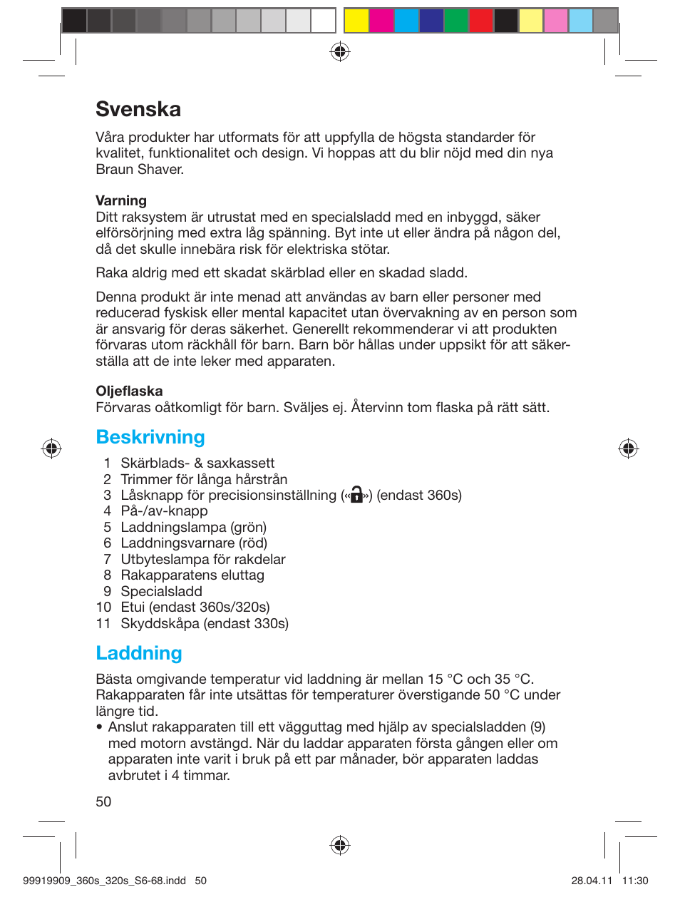 Svenska, Beskrivning, Laddning | Braun 360s-4 Series 3 User Manual | Page 49 / 65