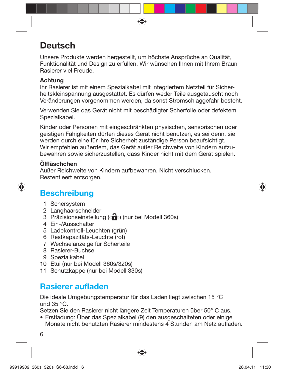 Deutsch, Beschreibung, Rasierer aufladen | Braun 360s-4 Series 3 User Manual | Page 5 / 65