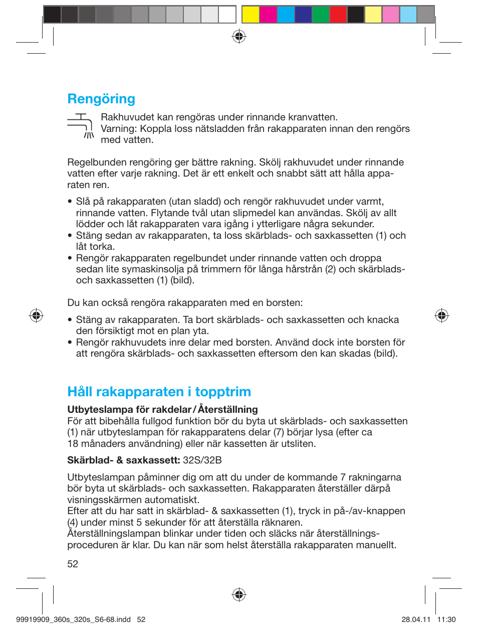 Rengöring, Håll rakapparaten i topptrim | Braun 360s-4 Series 3 User Manual | Page 51 / 65