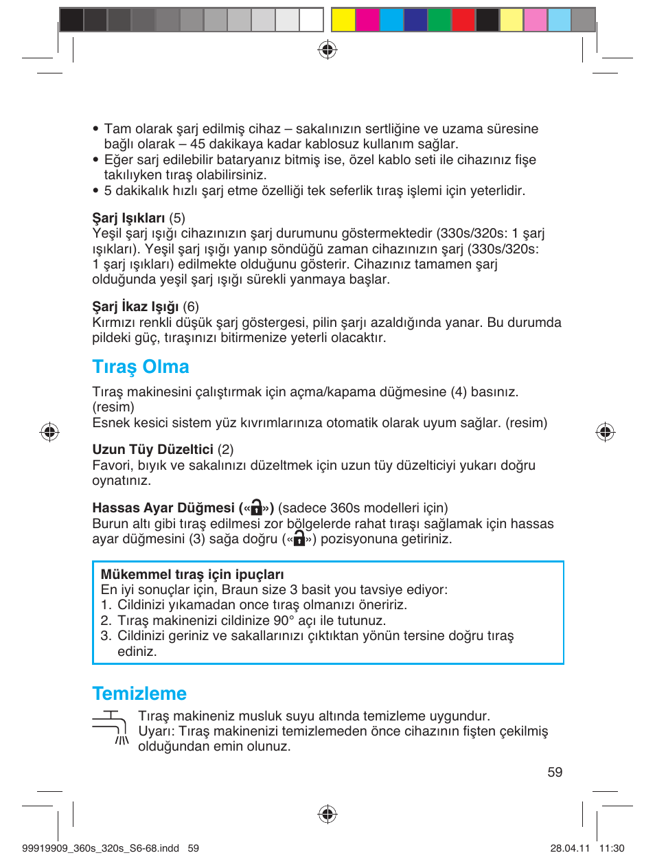 Tıraş olma, Temizleme | Braun 360s-4 Series 3 User Manual | Page 58 / 65