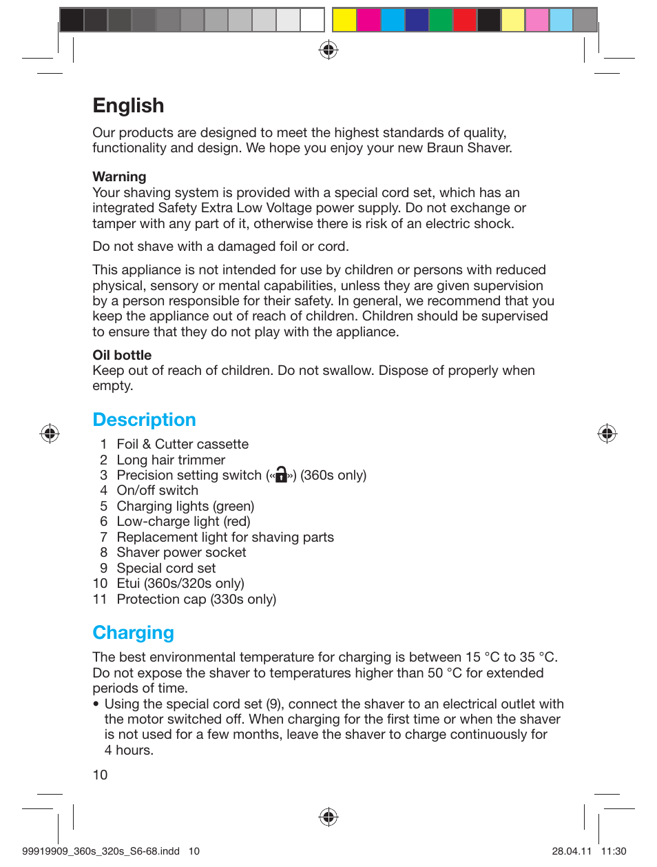 English, Description, Charging | Braun 360s-4 Series 3 User Manual | Page 9 / 65