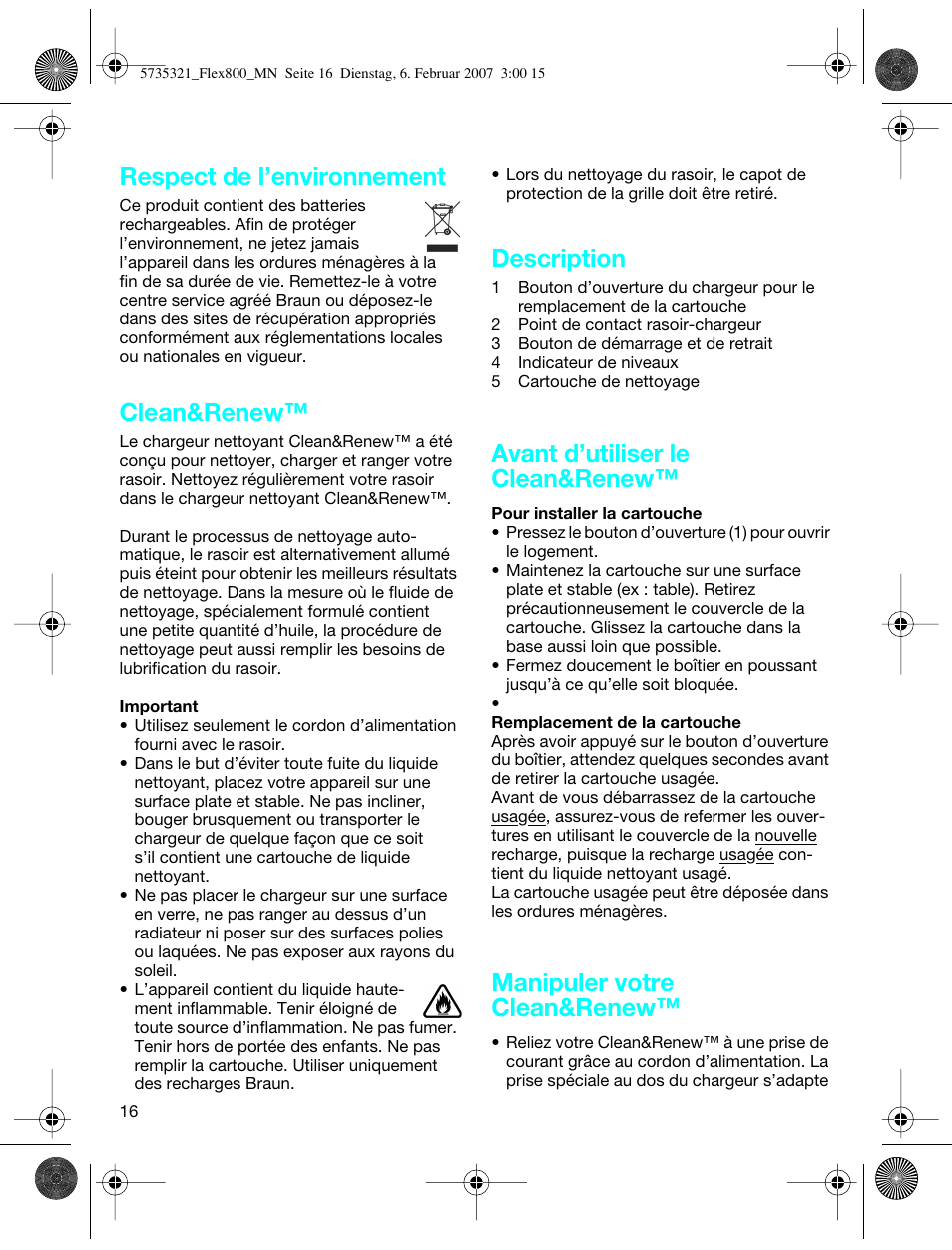 Respect de l’environnement, Clean&renew, Description | Avant d’utiliser le clean&renew, Manipuler votre clean&renew | Braun 390cc-5735 Series 3 User Manual | Page 15 / 57