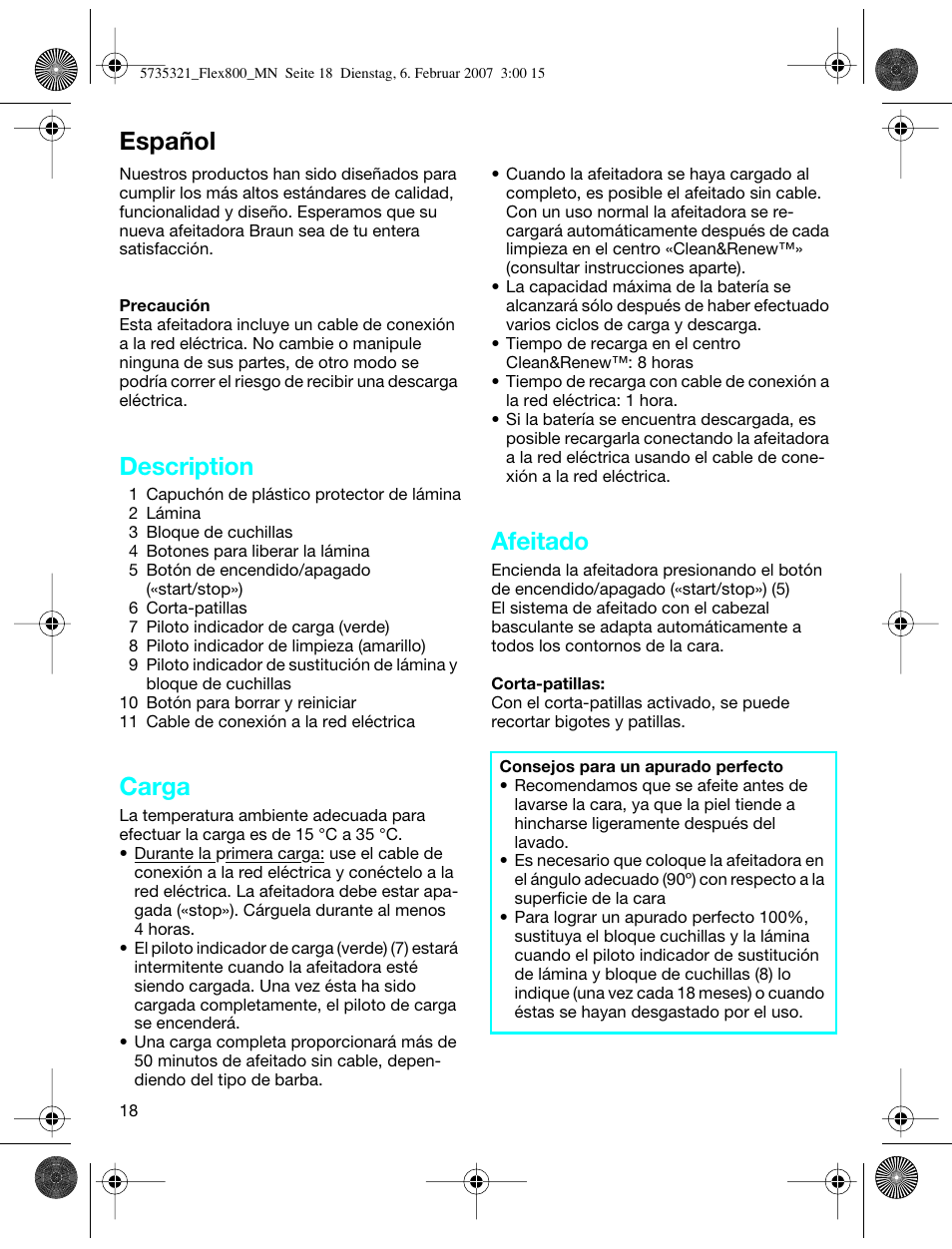 Español, Description, Carga | Afeitado | Braun 390cc-5735 Series 3 User Manual | Page 17 / 57