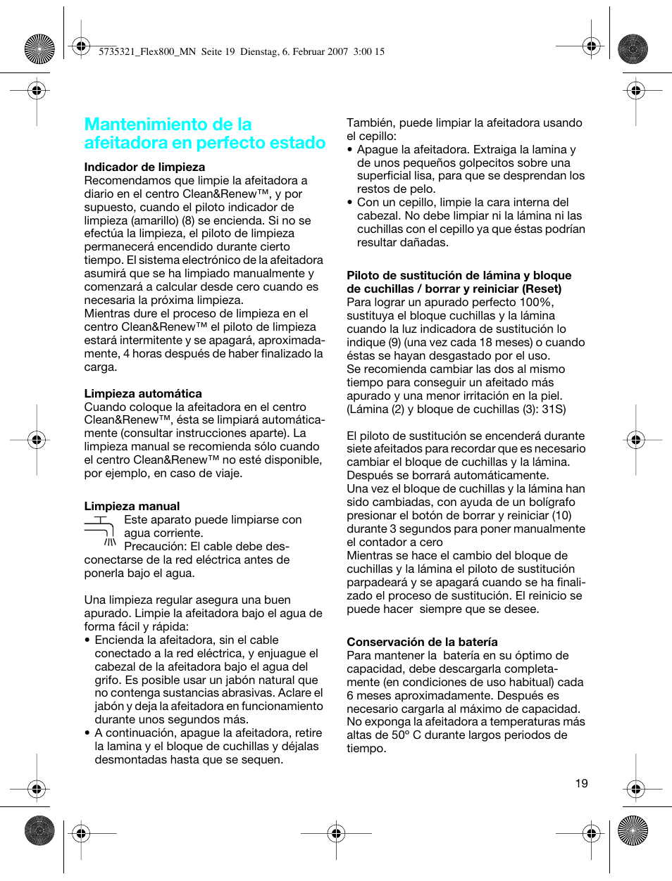 Mantenimiento de la afeitadora en perfecto estado | Braun 390cc-5735 Series 3 User Manual | Page 18 / 57