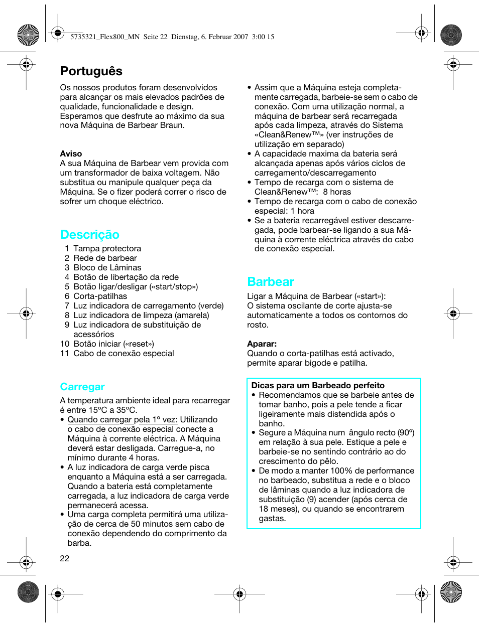 Português, Descrição, Barbear | Carregar | Braun 390cc-5735 Series 3 User Manual | Page 21 / 57