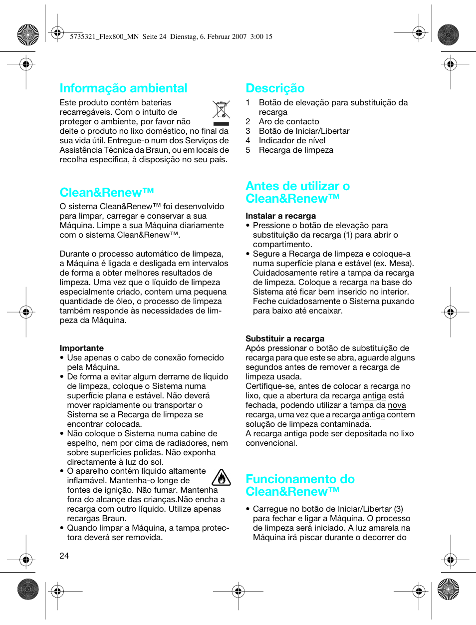 Informação ambiental, Clean&renew, Descrição | Antes de utilizar o clean&renew, Funcionamento do clean&renew | Braun 390cc-5735 Series 3 User Manual | Page 23 / 57