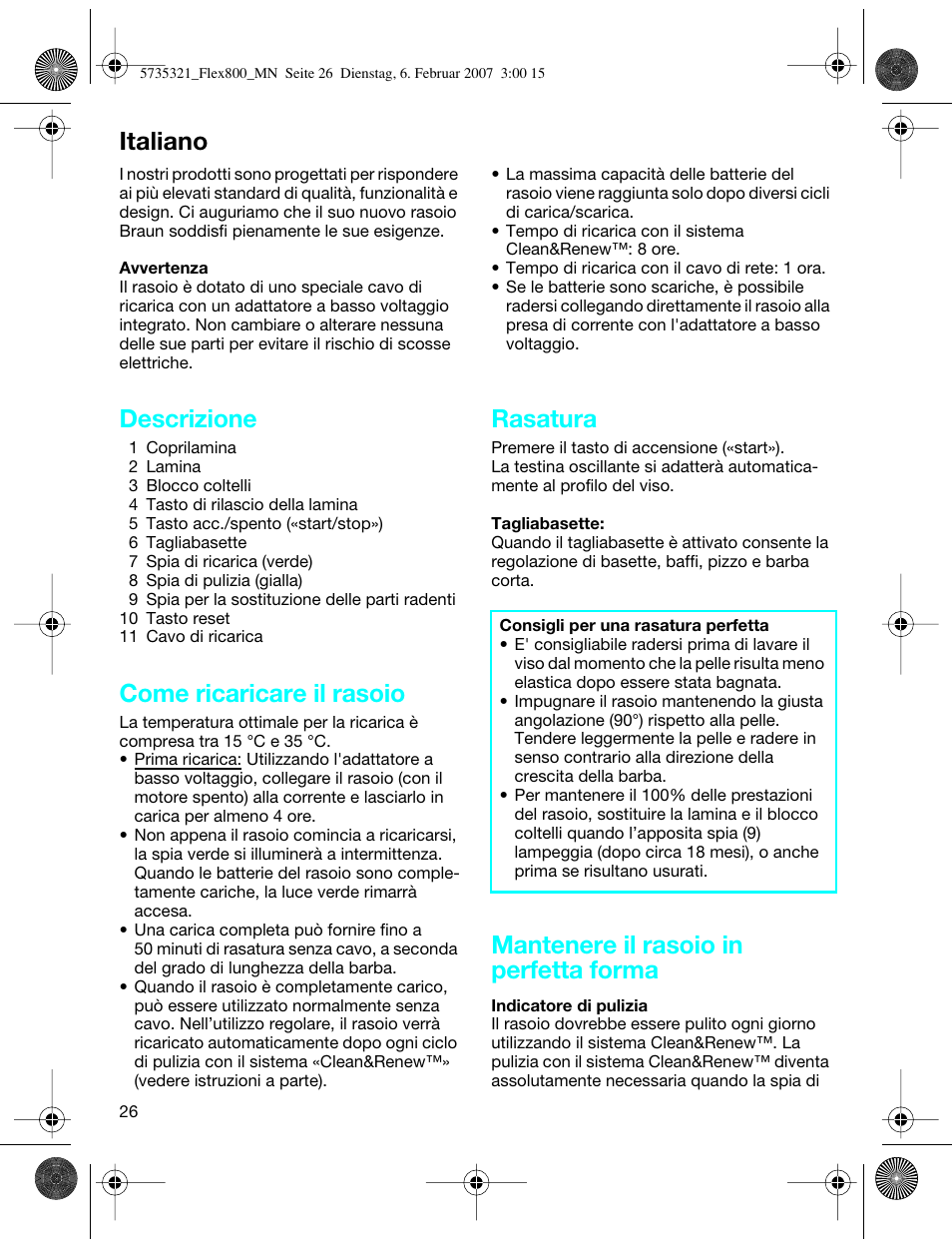 Italiano, Descrizione, Come ricaricare il rasoio | Rasatura, Mantenere il rasoio in perfetta forma | Braun 390cc-5735 Series 3 User Manual | Page 25 / 57