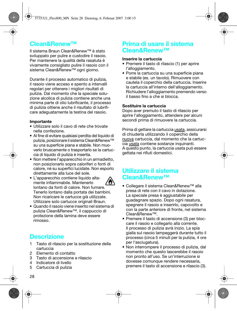 Clean&renew, Descrizione, Prima di usare il sistema clean&renew | Utilizzare il sistema clean&renew | Braun 390cc-5735 Series 3 User Manual | Page 27 / 57