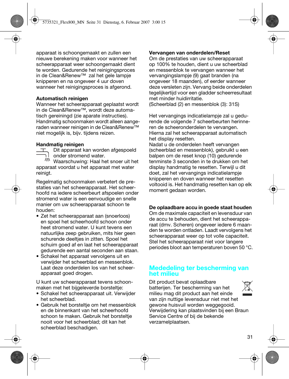 Mededeling ter bescherming van het milieu | Braun 390cc-5735 Series 3 User Manual | Page 30 / 57