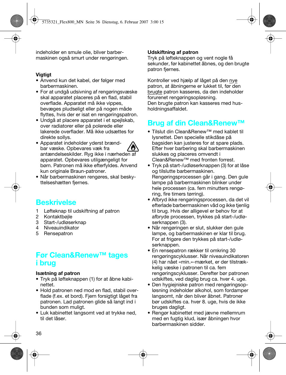 Beskrivelse, Før clean&renew™ tages i brug, Brug af din clean&renew | Braun 390cc-5735 Series 3 User Manual | Page 35 / 57