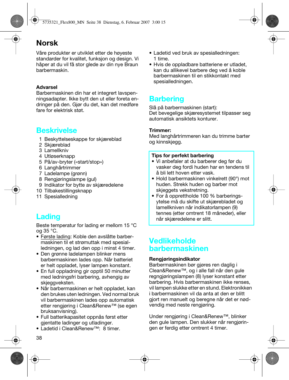 Norsk, Beskrivelse, Lading | Barbering, Vedlikeholde barbermaskinen | Braun 390cc-5735 Series 3 User Manual | Page 37 / 57