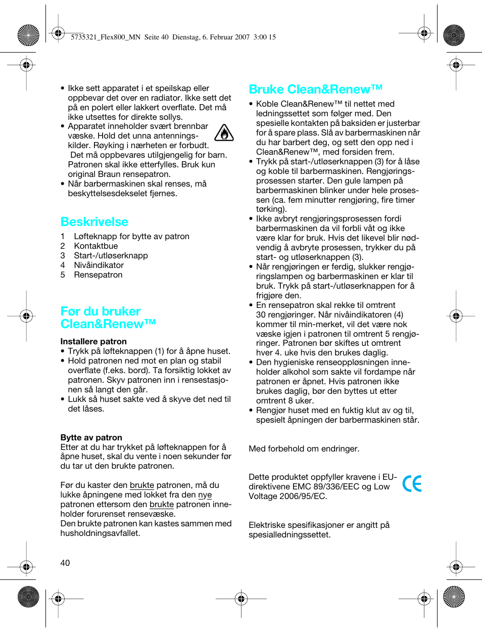 Beskrivelse, Før du bruker clean&renew, Bruke clean&renew | Braun 390cc-5735 Series 3 User Manual | Page 39 / 57