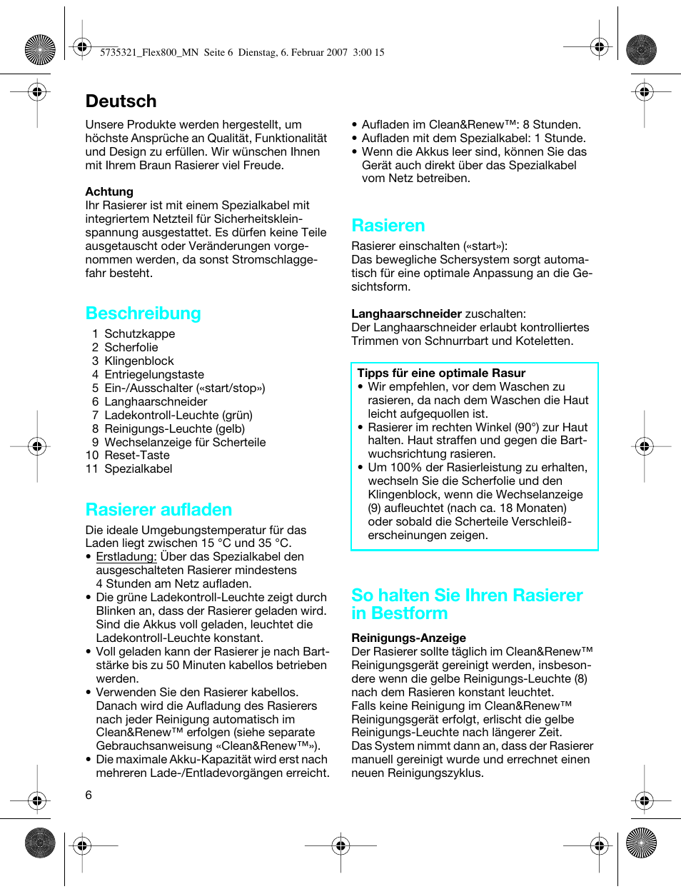 Beschreibung, Rasierer aufladen, Rasieren | So halten sie ihren rasierer in bestform, Deutsch | Braun 390cc-5735 Series 3 User Manual | Page 5 / 57