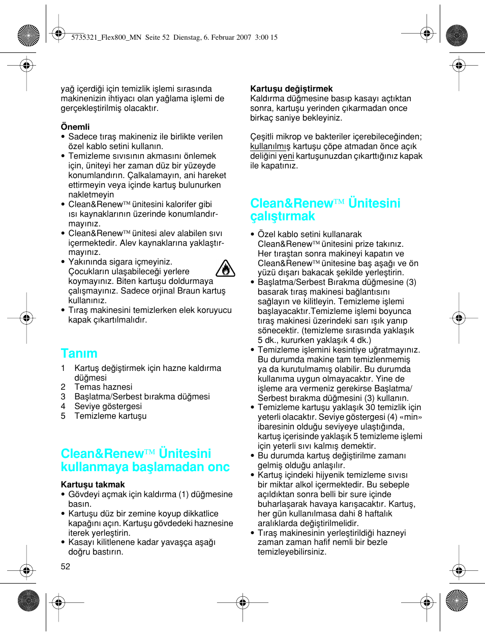 Tanım, Clean&renew™ ünitesini kullanmaya baµlamadan onc, Clean&renew™ ünitesini çalıµtırmak | Braun 390cc-5735 Series 3 User Manual | Page 51 / 57