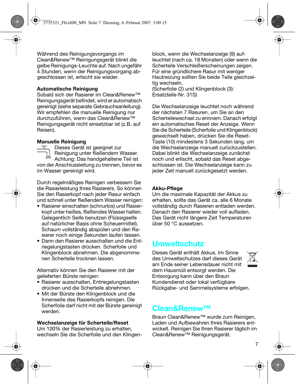Umweltschutz, Clean&renew | Braun 390cc-5735 Series 3 User Manual | Page 6 / 57