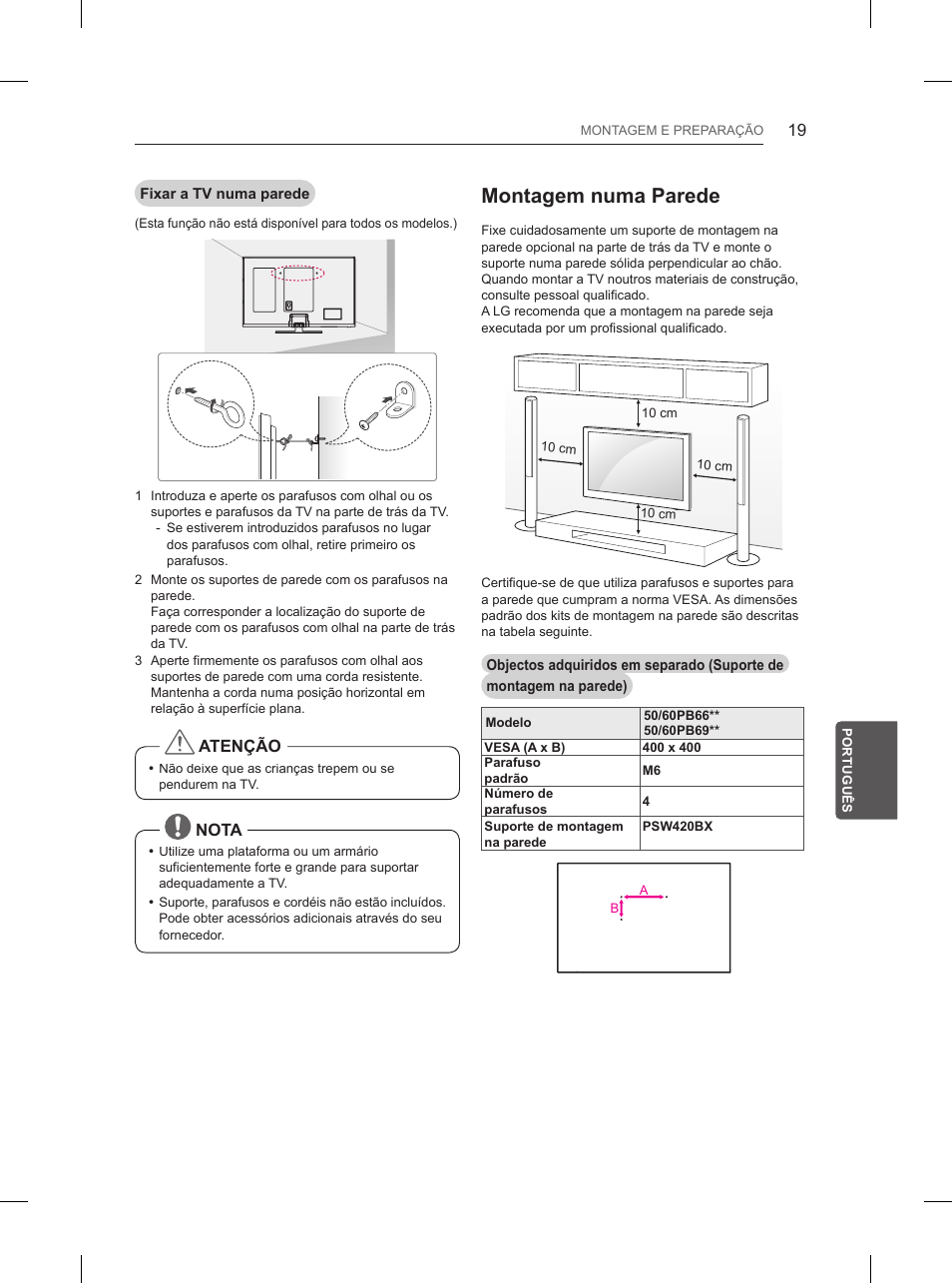 Montagem numa parede | LG 60PB660V User Manual | Page 174 / 263