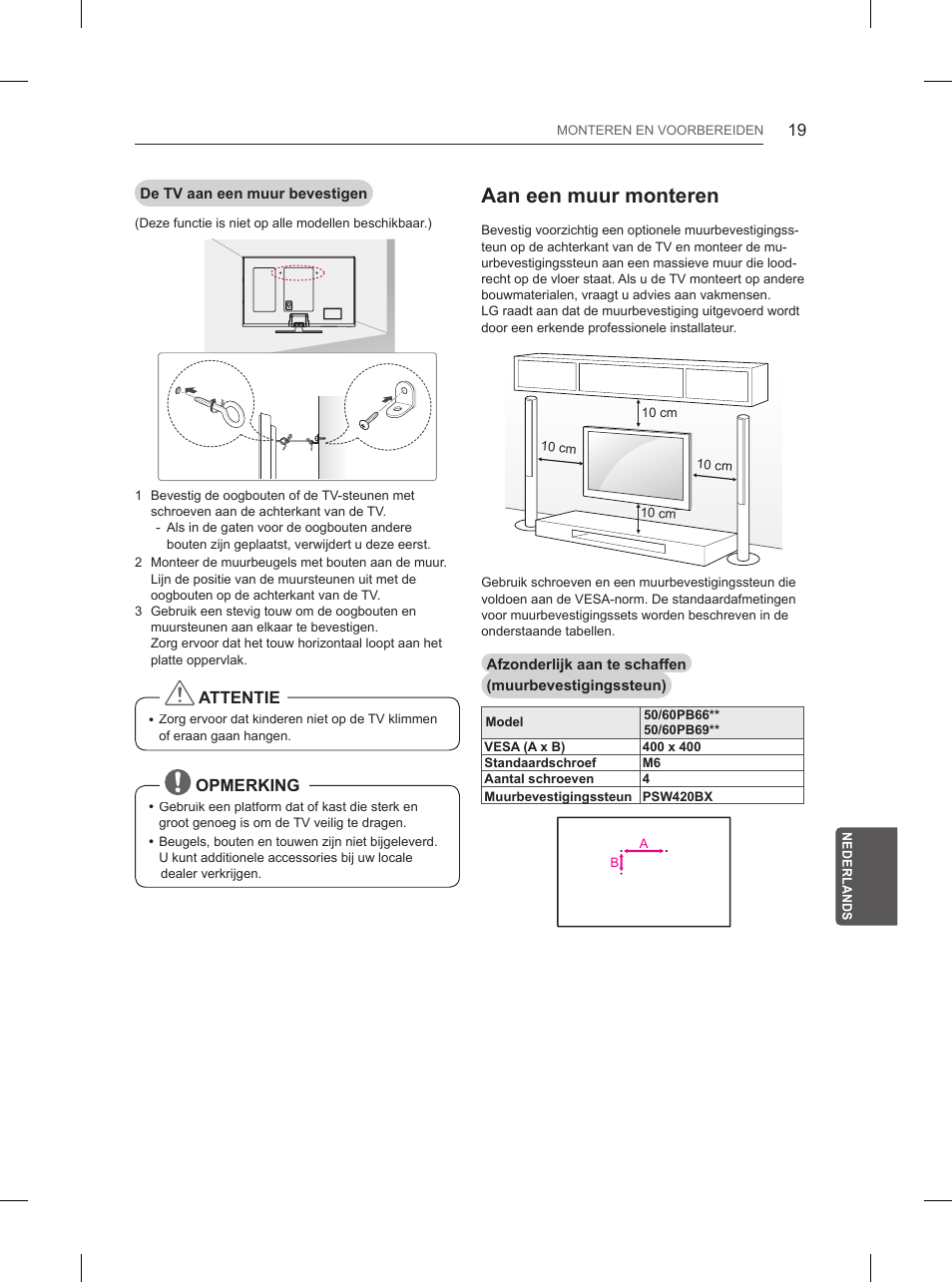 Aan een muur monteren | LG 60PB660V User Manual | Page 200 / 263