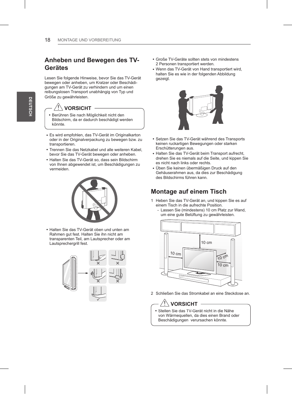 Anheben und bewegen des tv- gerätes, Montage auf einem tisch | LG 60PB660V User Manual | Page 65 / 263