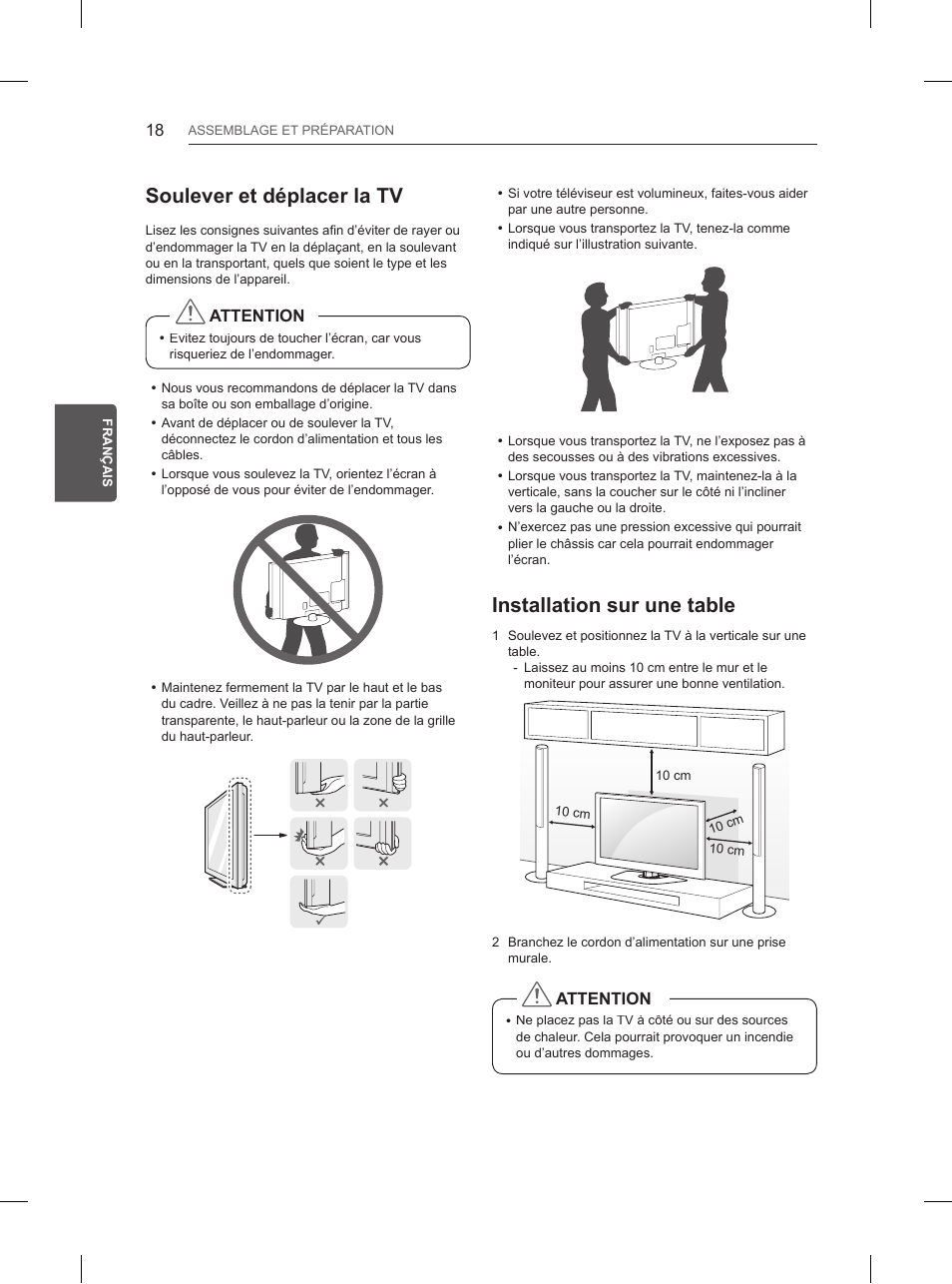 Soulever et déplacer la tv, Installation sur une table | LG 60PB660V User Manual | Page 91 / 263