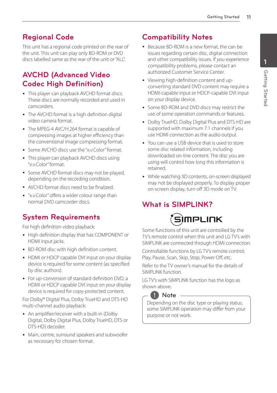Regional code, Avchd (advanced video codec high definition), System requirements | Compatibility notes, What is simplink, Avchd (advanced video codec high, Definition) | LG HR925S User Manual | Page 11 / 94