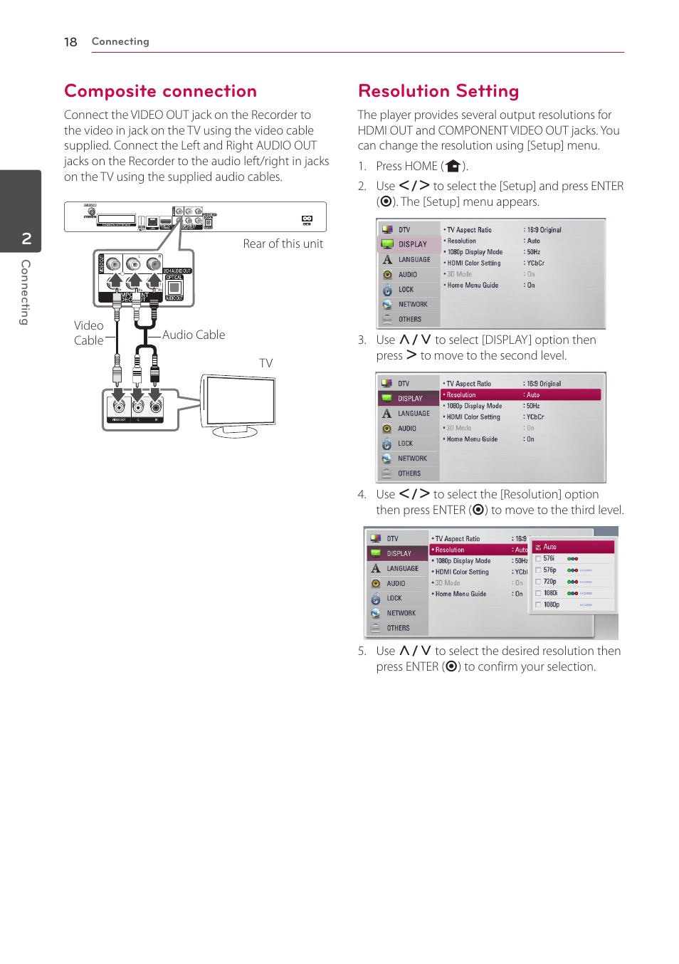 Composite connection, Resolution setting | LG HR925S User Manual | Page 18 / 94