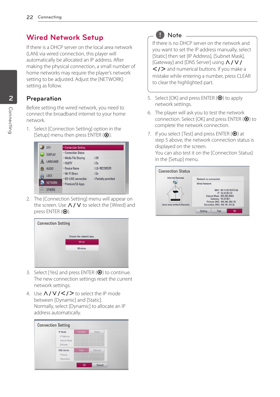 Wired network setup, 22 – wired network setup | LG HR925S User Manual | Page 22 / 94