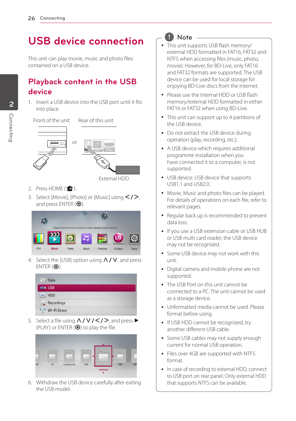 Usb device connection, Playback content in the usb device | LG HR925S User Manual | Page 26 / 94