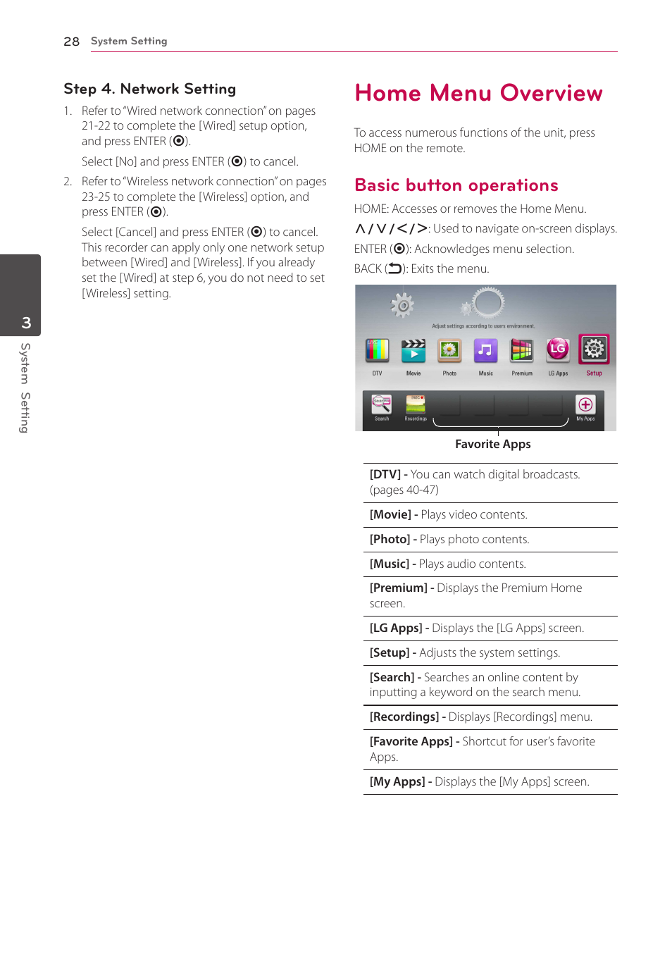Home menu overview, Basic button operations, 28 home menu overview 28 – basic button operations | LG HR925S User Manual | Page 28 / 94