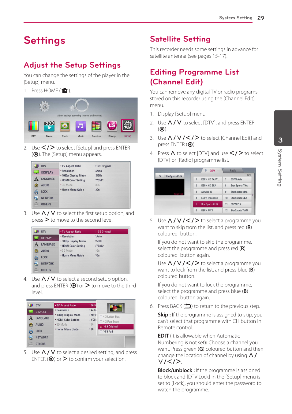 Settings, Adjust the setup settings, Satellite setting | Editing programme list (channel edit) | LG HR925S User Manual | Page 29 / 94