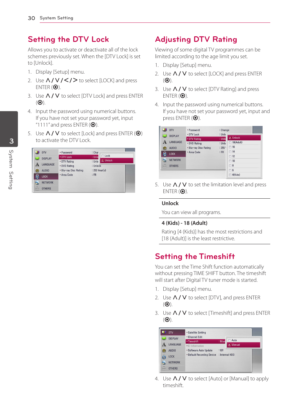 Setting the dtv lock, Adjusting dtv rating, Setting the timeshift | LG HR925S User Manual | Page 30 / 94