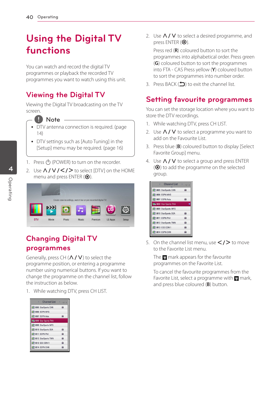 4 operating, Using the digital tv functions, Viewing the digital tv | Changing digital tv programmes, Setting favourite programmes | LG HR925S User Manual | Page 40 / 94