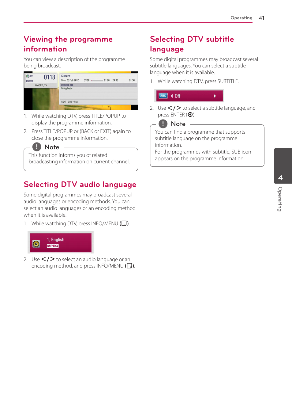 Viewing the programme information, Selecting dtv audio language, Selecting dtv subtitle language | LG HR925S User Manual | Page 41 / 94