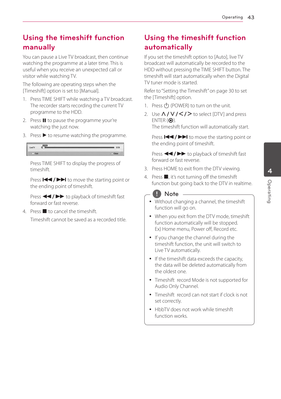 Using the timeshift function manually, Using the timeshift function automatically, Automatically | LG HR925S User Manual | Page 43 / 94
