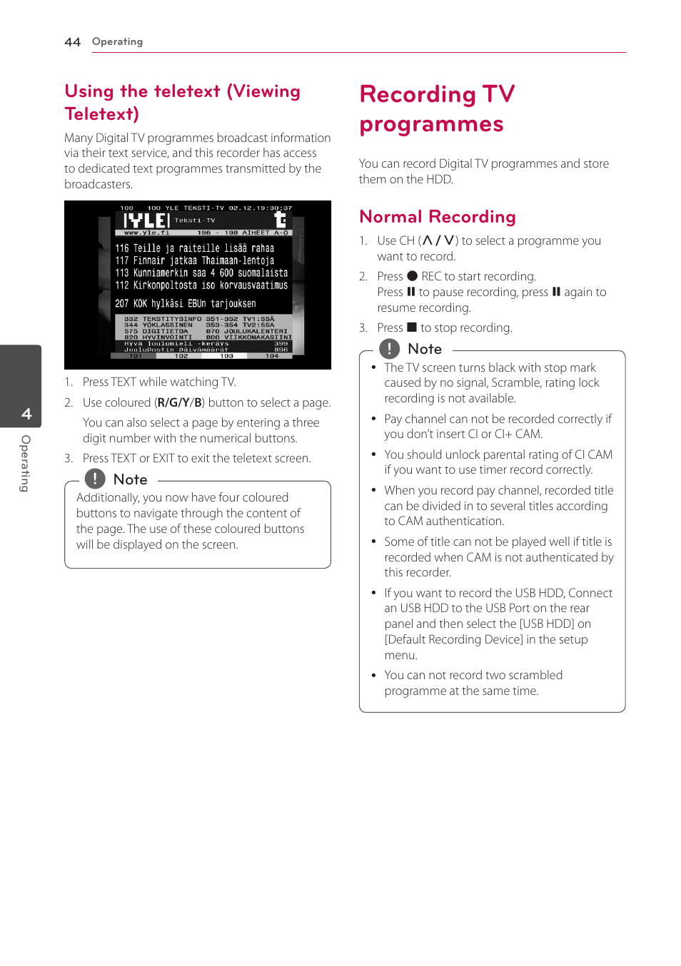 Using the teletext (viewing teletext), Recording tv programmes, Normal recording | LG HR925S User Manual | Page 44 / 94