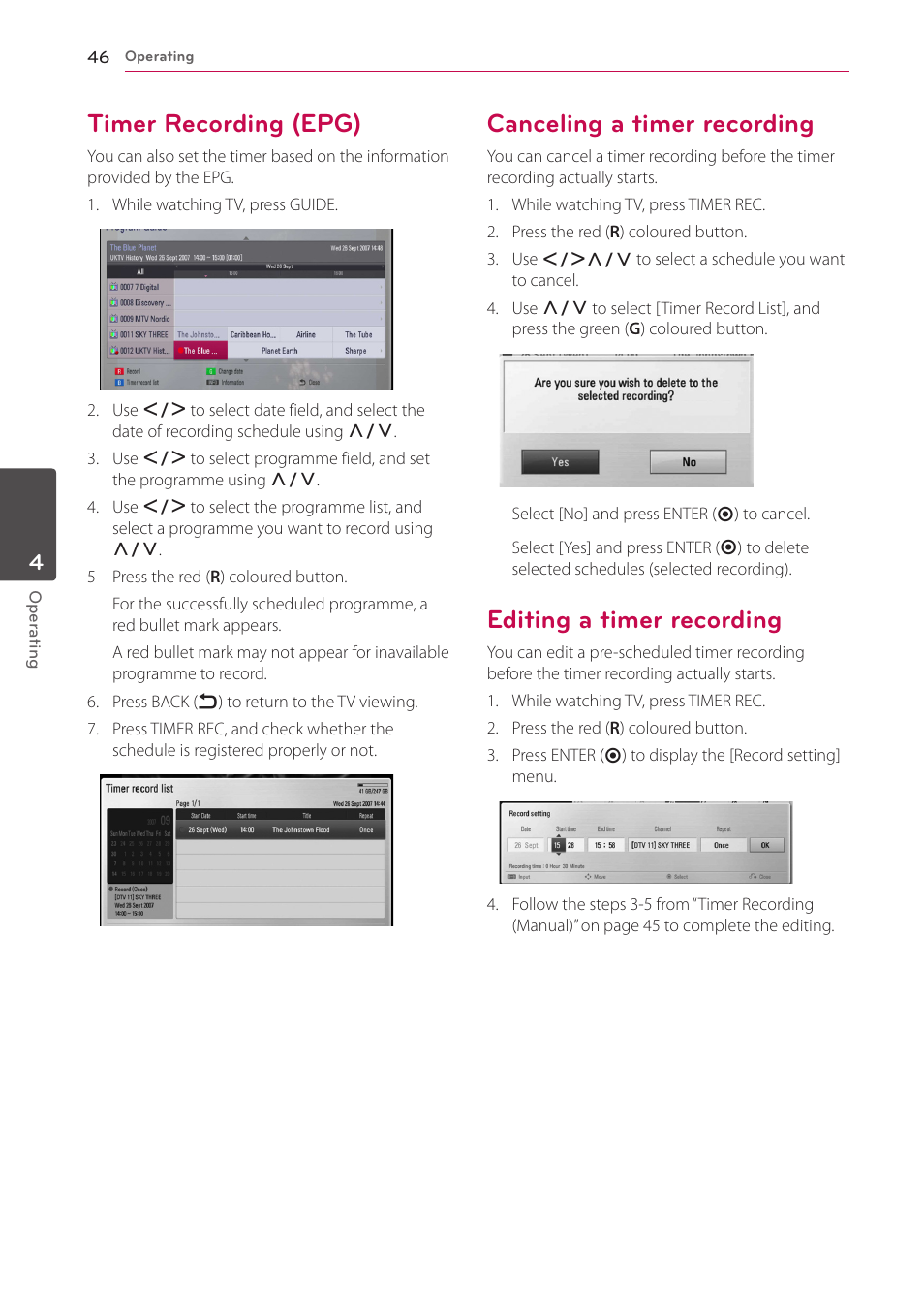 Timer recording (epg), Canceling a timer recording, Editing a timer recording | LG HR925S User Manual | Page 46 / 94