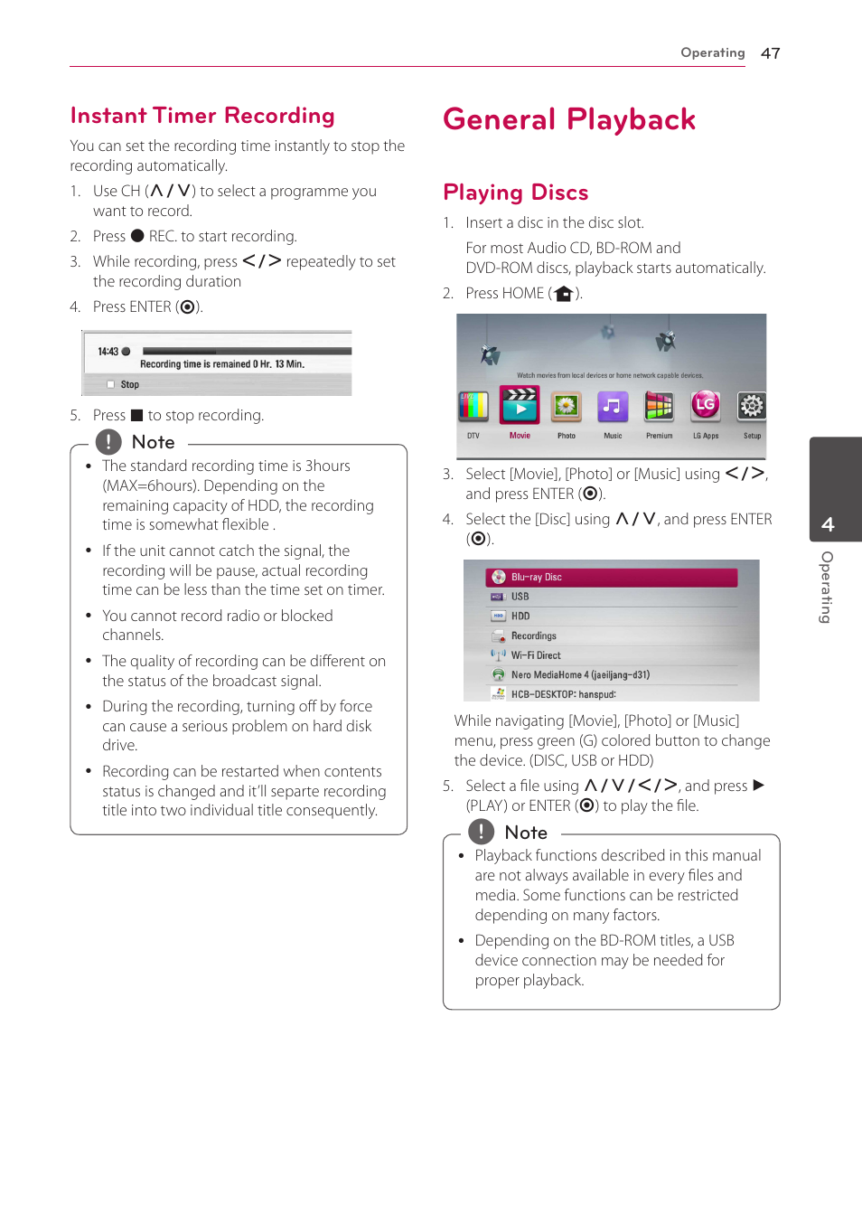 Instant timer recording, General playback, Playing discs | LG HR925S User Manual | Page 47 / 94
