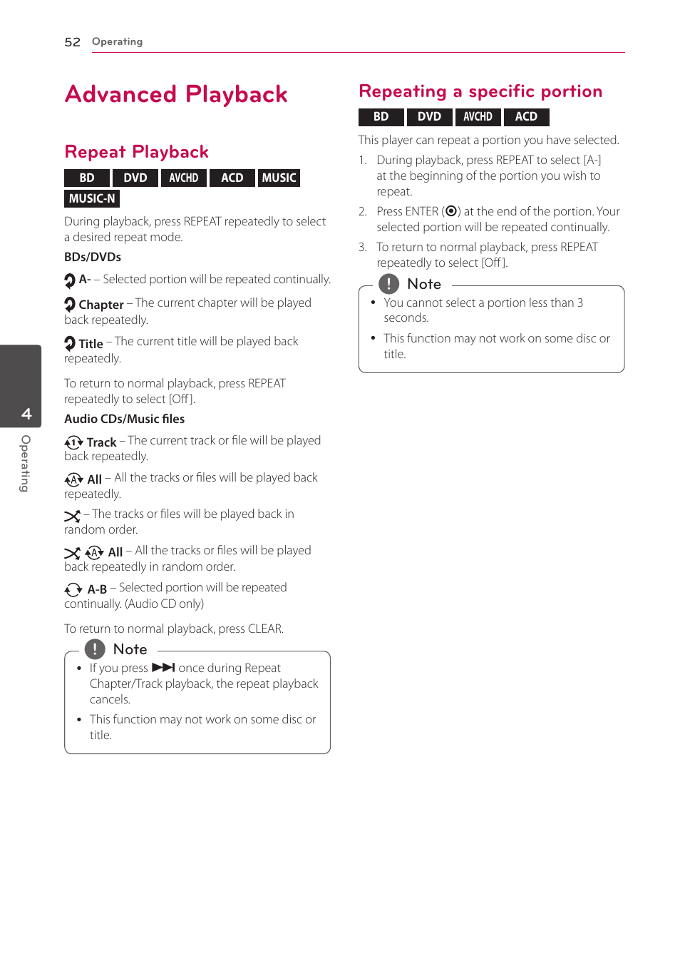 Advanced playback, Repeat playback, Repeating a specific portion | LG HR925S User Manual | Page 52 / 94