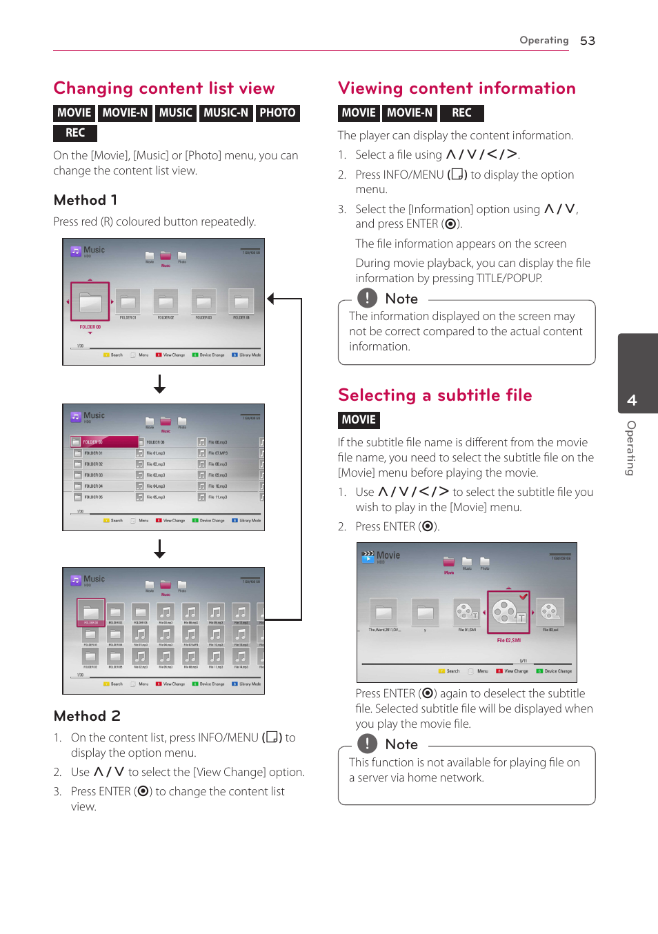 Changing content list view, Viewing content information, Selecting a subtitle file | LG HR925S User Manual | Page 53 / 94