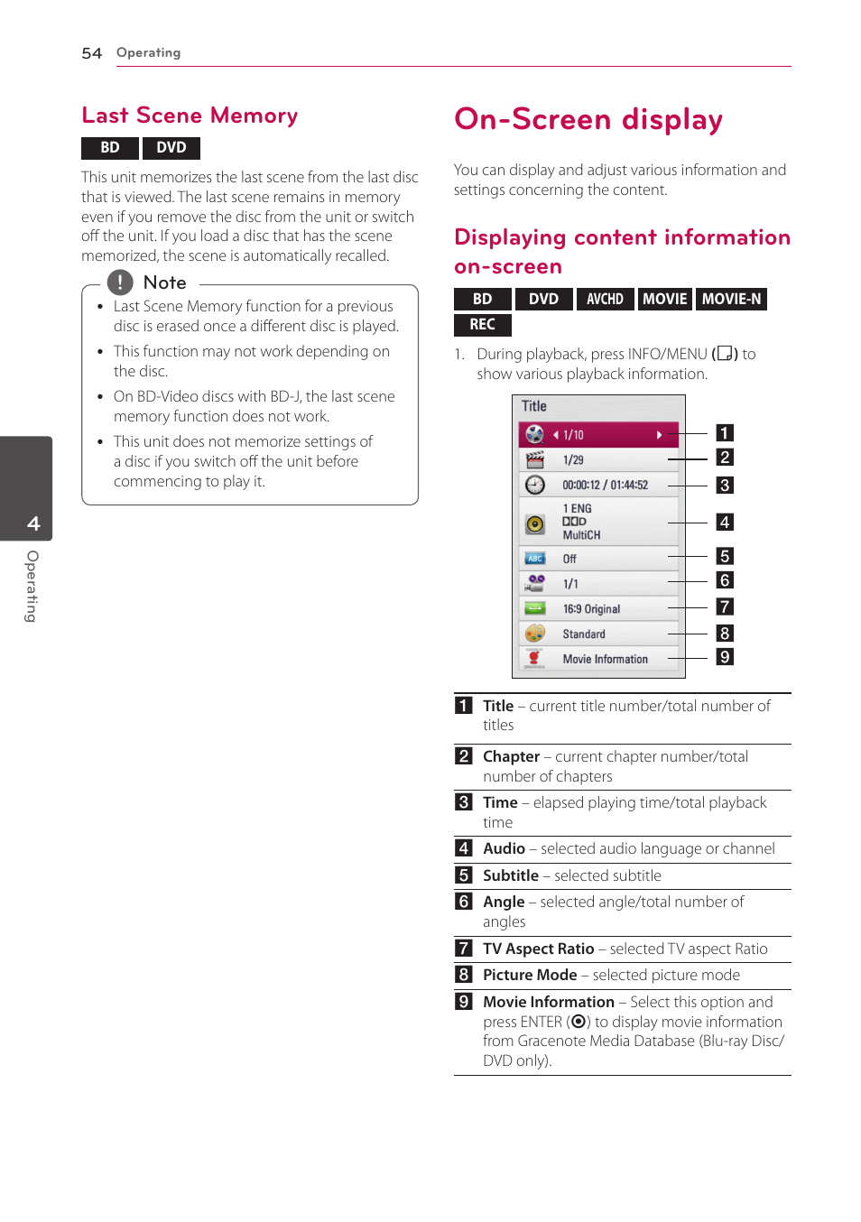 Last scene memory, On-screen display, Displaying content information on-screen | Screen | LG HR925S User Manual | Page 54 / 94